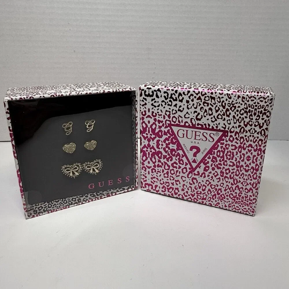GUESS 3 Pair Gold Tone Rhinestone Earring Gift Box Set New